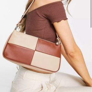 ASOS DESIGN slim 90s shoulder bag in brown & beige patchwork
